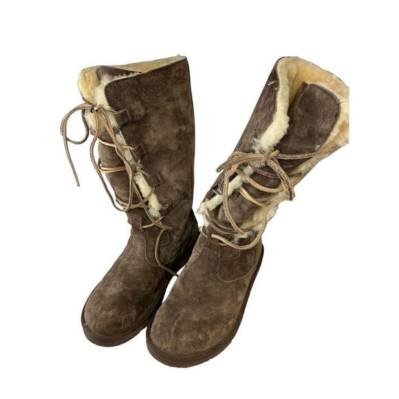 UGG Whitley Tall Brown Suede Boots Lace Up Sheepskin Shearling 5122 Womens 8 39 - Picture 4 of 11